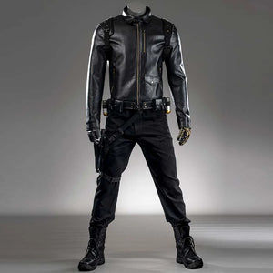 This is the front view of the James Barnes cosplay costume, showcasing the black leather jacket, black pants, and tactical accessories.