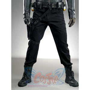 This close-up focuses on the lower body of the James Barnes cosplay costume, showing the black pants, black boots, and the tactical holster on the thigh.