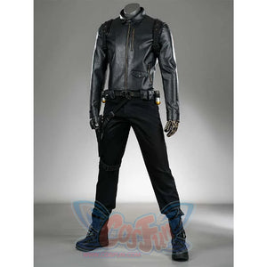 A three-quarter view of the James Barnes cosplay costume, showing the details of the black leather jacket and the tactical gear.