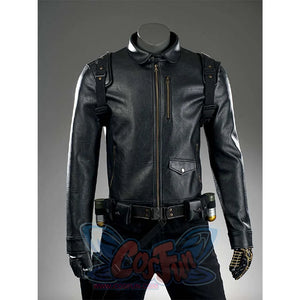 A close - up of the upper body of the James Barnes cosplay costume, focusing on the details of the black leather jacket and the tactical belt.