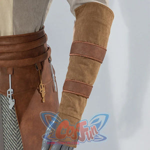 Close-up of Jedi Temple Guard cosplay arm gauntlet with brown leather straps and tan fabric