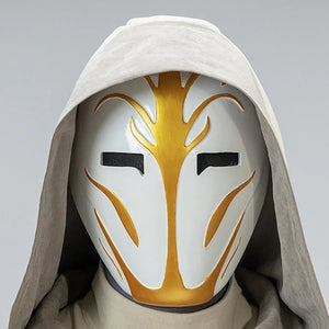 White resin Jedi Temple Guard cosplay mask with gold tree design, front close-up view