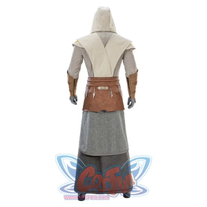 Back view of Jedi Temple Guard cosplay showing hooded robe, belt, and layered costume design