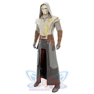 Jedi Temple Guard cosplay outfit with hood down, showing detailed mask and yellow temple symbols