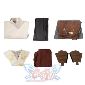 Jedi Temple Guard cosplay complete costume set flat lay with all pieces and accessories organized display