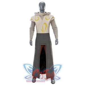 Full body Jedi Temple Guard cosplay on mannequin with yellow symbols and layered robes