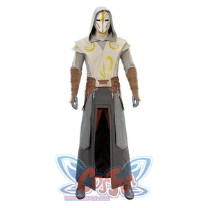 Full body Jedi Temple Guard cosplay costume with mask, hooded robe, layered skirt, and boots