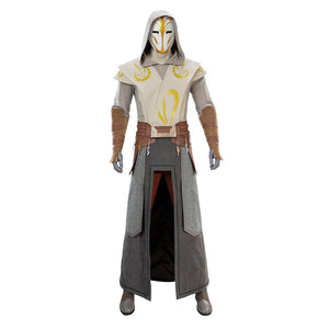 Full-length Jedi Temple Guard cosplay costume featuring hooded robe, mask, belt, and accessories