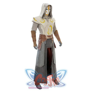 Angled front view of Jedi Temple Guard cosplay with hood up, displaying armor and robes