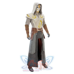 Angled front view of Jedi Temple Guard cosplay with hood up, displaying armor and robes