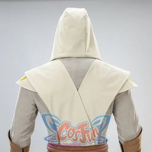 Back view of Jedi Temple Guard cosplay with hood up, showing robe layers and shoulder design