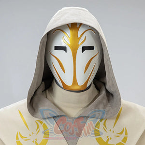 Jedi Temple Guard cosplay mask with hood, featuring white and yellow design with black visor