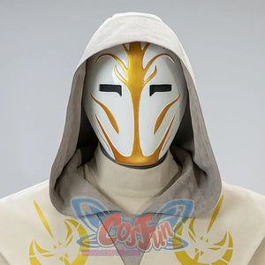 Jedi Temple Guard cosplay mask and hooded robe upper body view with gold emblem on chest