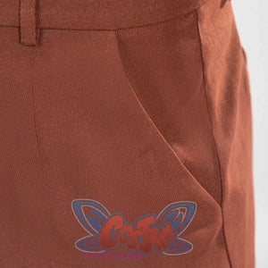 Close-up of Jedi Temple Guard cosplay pants in brown fabric with visible stitching and texture