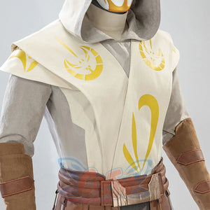 Close-up of Jedi Temple Guard cosplay shoulder armor with yellow temple symbols and tabard