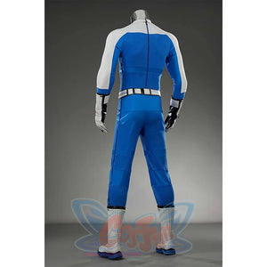 Reveals the back belt structure, glove color contrasts, and fabric textures. Adds depth to the superhero look.