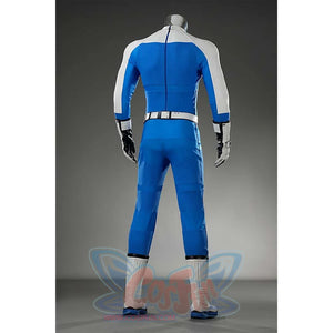 Displays the streamlined back—zipper, belt, fabric lines. Clean superhero styling.