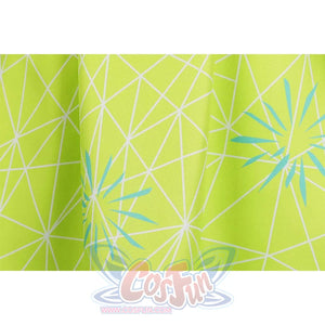 Extreme close - up of the fabric pattern of the Joy cosplay dress, showcasing the intricate blue geometric designs on the bright green background.