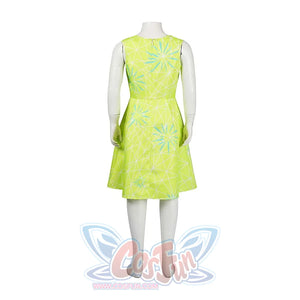 Shows the back of the Joy cosplay dress on a mannequin, highlighting the zipper and the same blue geometric patterns as the front.