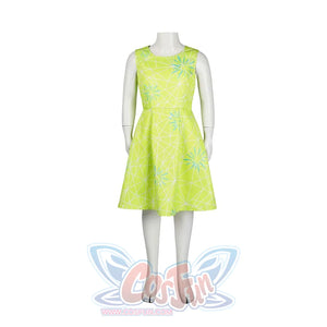 Displays the Joy cosplay dress on a mannequin, showcasing its sleeveless design, bright green color, and blue geometric patterns.