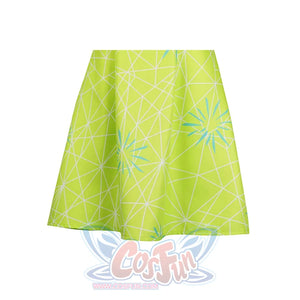 Close - up of the skirt of the Joy cosplay dress, emphasizing the blue geometric patterns and the dress’s fabric texture.