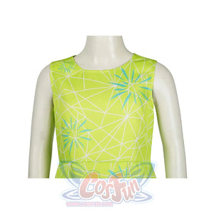 Close - up of the upper body of the Joy cosplay dress, highlighting the blue geometric patterns and the dress’s neckline.