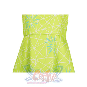 Close - up of the waist and skirt of the Joy cosplay dress, showcasing the blue geometric patterns and the dress’s pleated design.