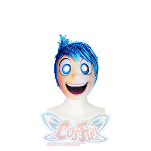 A mask designed for Joy cosplay, featuring blue hair, large blue eyes, and a wide, cheerful smile.