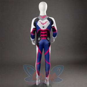 D.Va Hana Song cosplay bodysuit traces a stylized back logo across blue and pink patterned fabric from a rear view.