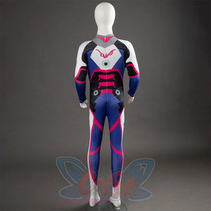 D.Va Hana Song cosplay bodysuit frames a central back symbol across blue, pink, and white paneling in rear view.