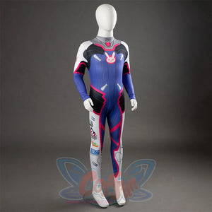 D.Va Hana Song cosplay bodysuit centers a cartoon chest emblem across pink, white, and blue sublimated sponsor graphics.