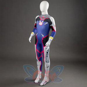 D.Va Hana Song cosplay bodysuit pairs blue athletic graphics with thumb-hole arm covers and attached shoe covers.