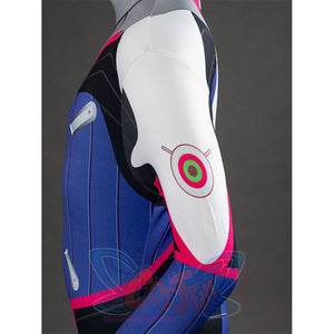D.Va Hana Song cosplay bodysuit top detail captures intricate multi-color printed panels from a high-angle view.