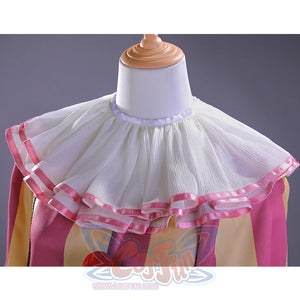 Detail view of kid Pennywise costume white ruffled collar with pink striped ribbon trim accents