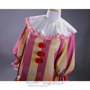 Close-up of kid Pennywise costume showcasing white ruffled collar and red pom-pom button details