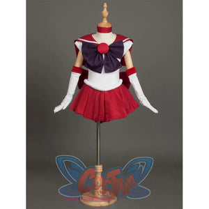 The costume is shown on a mannequin from the front, presenting the overall design with its red, white, and purple color scheme.