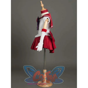 Side view of the costume on a mannequin, showcasing the structure of the sleeves, arm cuffs, and the back bow.