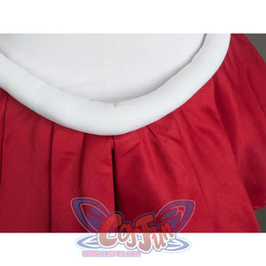 Close - up of the white waist trim and red pleated skirt, highlighting the waist and skirt design.