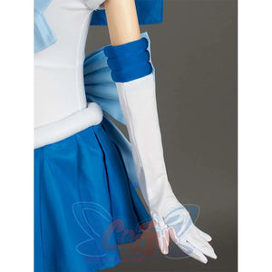 A close - up of the blue arm cuffs and white long gloves on the Kid Cosplay Sailor Mercury costume, highlighting the design of the arm accessories.