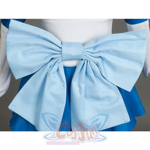 A close - up of the large light blue bow at the back of the Kid Cosplay Sailor Mercury costume, showing the fabric and structure of the bow