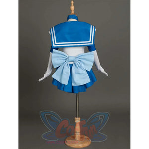 The back view of the Kid Cosplay Sailor Mercury costume on a mannequin, emphasizing the blue sailor collar and the large light blue bow at the back.
