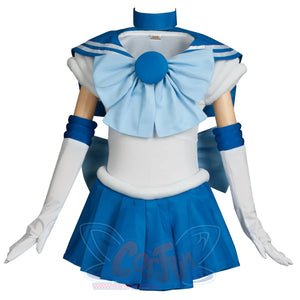 This is the front view of the complete Kid Cosplay Sailor Mercury costume, featuring a white bodice, blue sailor collar and skirt, light blue bows, long white gloves, and blue arm cuffs.