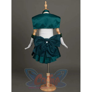 Back view of the costume on a mannequin, emphasizing the large dark green bow at the back and the sailor collar.