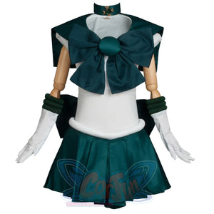 Displays the complete Kid Cosplay Sailor Neptune costume, including a white bodice, dark green sailor collar, large bow, arm cuffs, gloves, and a pleated skirt.