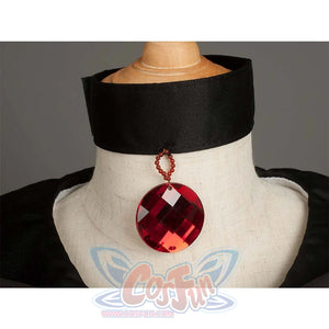 Close - up of the black choker with a large red gem, highlighting the choker design.