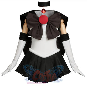 Displays the complete Kid Cosplay Sailor Pluto costume, including a white bodice, black sailor collar, large bow, arm cuffs, gloves, a black pleated skirt, and a choker with a red gem.