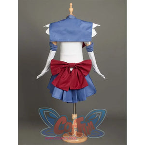 The back view of the Kid Cosplay Sailor Saturn costume on a mannequin, emphasizing the large red bow at the back and the blue sailor collar.