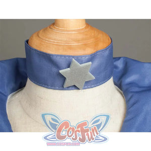 A close - up of the blue neckline with a silver star emblem on the Kid Cosplay Sailor Saturn costume.