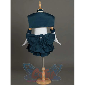 Back view of the Kid Cosplay Sailor Uranus costume on a mannequin, emphasizing the dark green sailor collar and the large bow at the back.