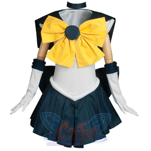 Front view of the complete Kid Cosplay Sailor Uranus costume, including white top, dark green skirt, large yellow bow, white gloves, and dark green arm cuffs.